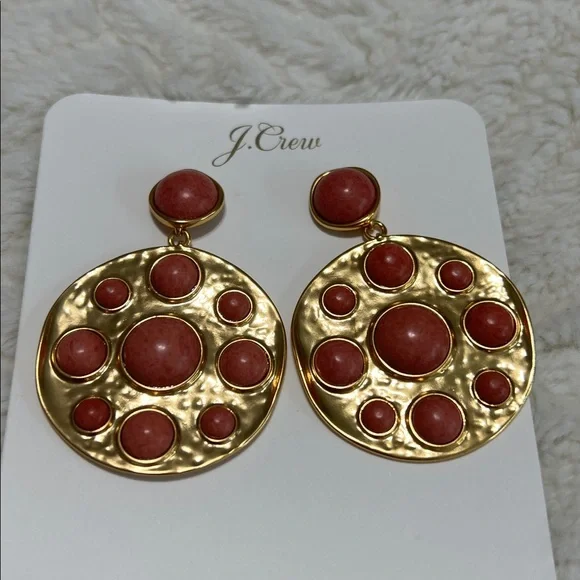 NWT J.Crew Gold Tone Statement Drop Earrings Red Stone Disc - Picture 4 of 5
